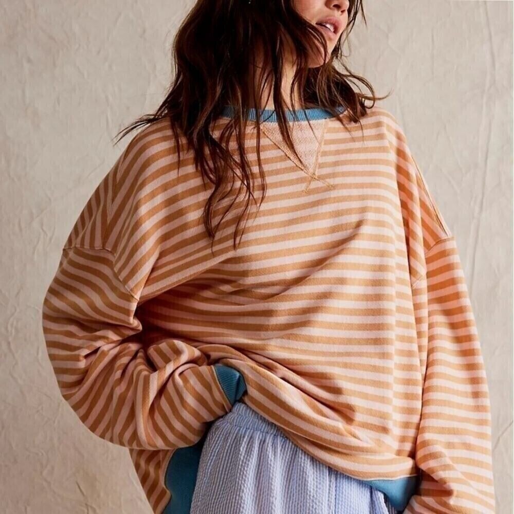 NWOT We the Free Latte Combo Striped Camden Sweatshirt SOLD OUT Size Small